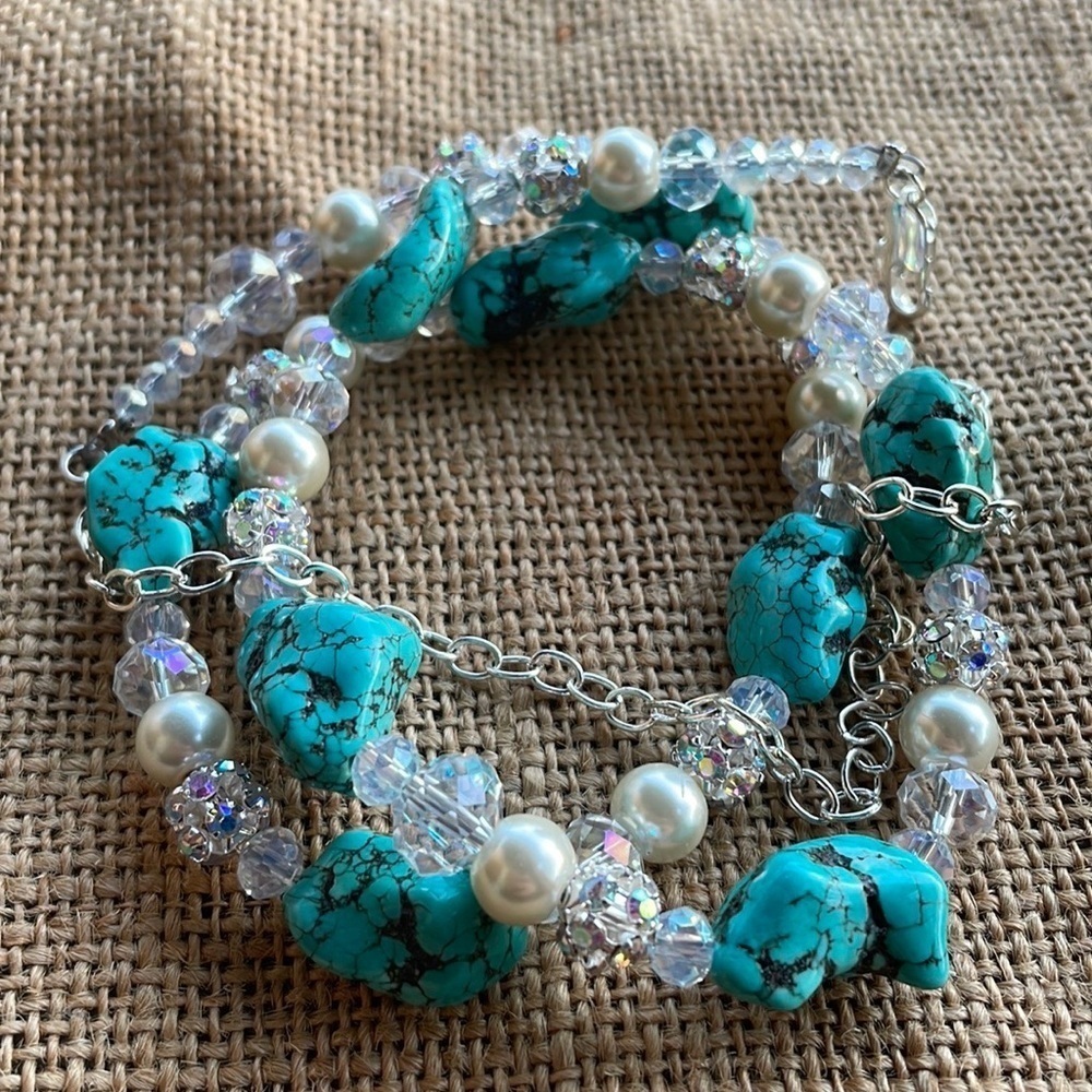 Chunky turquoise necklace Crystal Glass frosted Glass Pearl Beads New Handmade